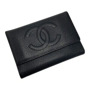 CHANEL Coco Mark Tri fold Wallet Black Caviar Leather